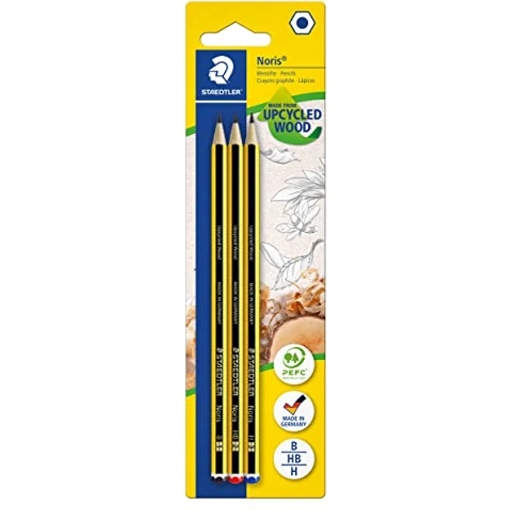 STAEDTLER Bleistift Noris 120, Made from Upcycled Wood, Rutschfeste Soft-Oberfläche, hohe Buchfestigkeit, hohe Qualität Made in Germany, Blisterkarte mit 3 Stück (je 1 x 2B, HB, H), 120-S BK3D – Bild 1
