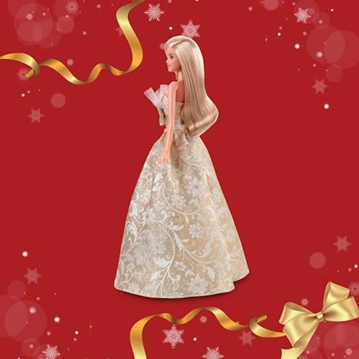 Barbie Barbie Signature Holiday Barbie 2025, Anziehpuppe mit trägerlosem silbernen und goldenen Damast-Kleid, inklusive Puppenständer und Echtheitszertifikat – Bild 5