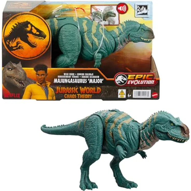 Mattel Jurassic World Wild Roar Majungasaurus, bewegliche Dinosaurierfigur mit Beiß-Angriff und App-Zugang, 33 cm