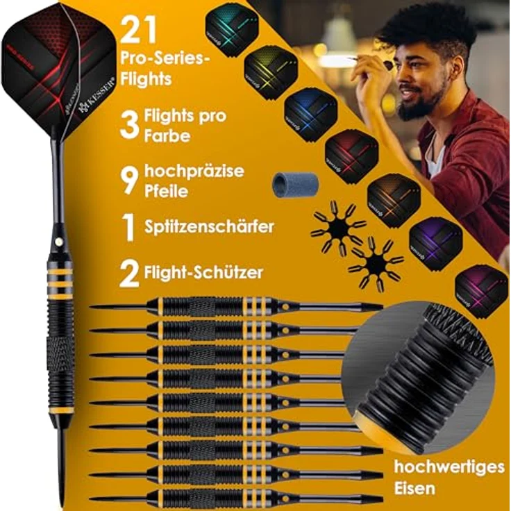 KESSER® Dartscheibe kork mit 9 Dartpfeile Professional Dartboard + 21 Pro Flights + Zubehör Steeldart Offizielles Dartscheibe 9 Pfeilen Metallspitze Profi Steeldartscheibe - Dartboard inkl. Montageset Classic – Bild 5