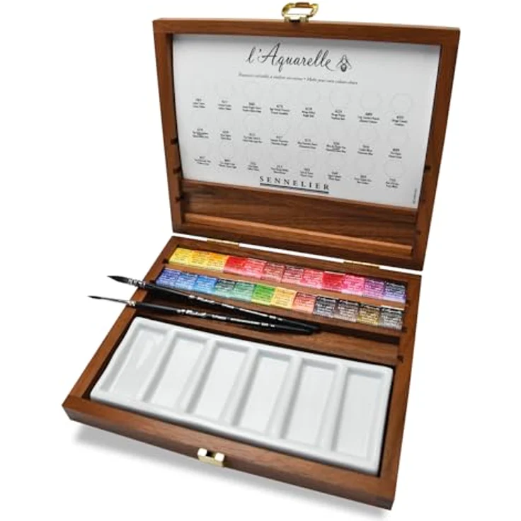 Sennelier L'Aquarelle Wood Watercolor Set, 24 Half Pans, inklusive Porzellanpalette und Pinseln Größe 2 und 3 – Bild 2