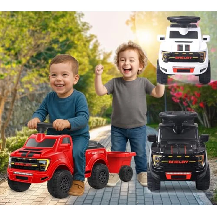 Weiss Rutscher Shelby Ford F-150 Raptor, Kinderfahrzeug mit Anhänger, weiss, ideal für Kleinkinder ab 12 Monaten mit Spielfunktionen – Bild 7