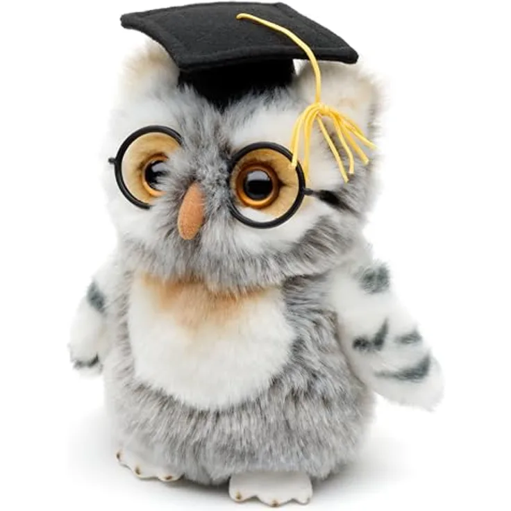 Uni-Toys Eule (grau-weiß) mit Doktorhut und Brille, Plüsch-Vogel, 18 cm, ideal für Geschenke und Dekoration, nachhaltiges Füllmaterial