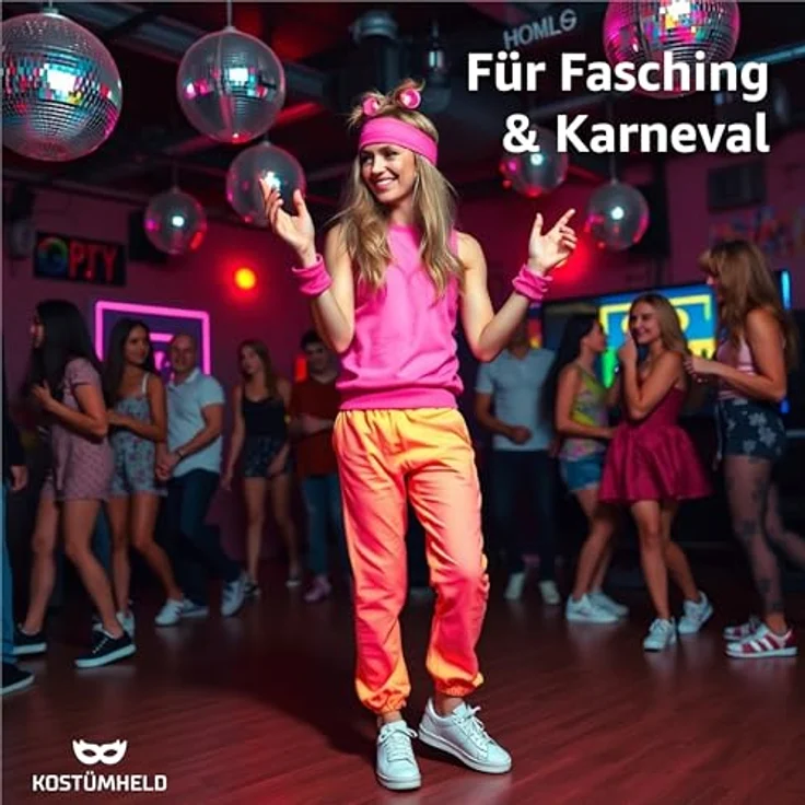 TK Gruppe Timo Klingler 5 in 1 - Retro pink Set mit Stirnband & Ghettoblaster uvm. - als Accessoire Vokuhila Kostüm zu Retro neon 80er 90er Fasching & Karneval – Bild 4