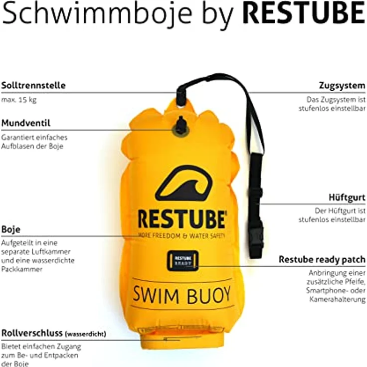 Restube Schwimmboje für Sichtbarkeit, zusätzlichen Auftrieb beim Schwimmen und als Trockenbeutel für Wassersportler – Bild 2
