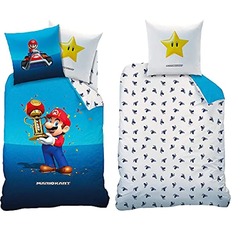 BERONAGE Super Mario Kart Kinder-Bettwäsche Champion Trophy 135x200 + 80x80 cm 100% Baumwolle Renforce Luigi Peach Bowser Yoshi Kugelwilli Buu Huu Rakete Stern Blauer Panzer deutsche Größe Reißverschluss, Nintendo Bettwäsche für Kinderzimmer, Oeko-Tex Standard 100 geprüft, bunt