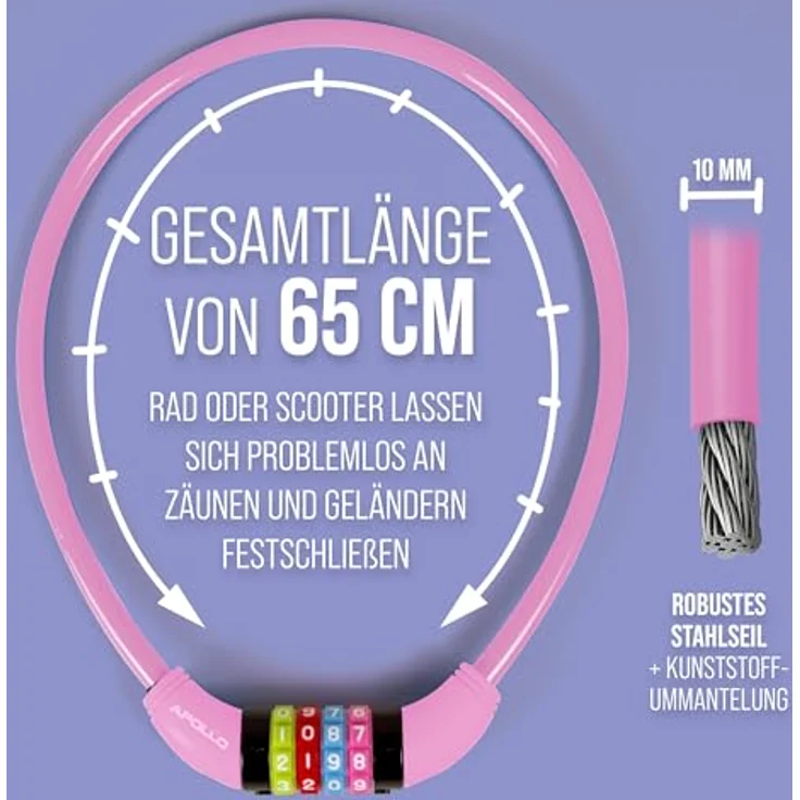 Apollo Kinder Fahrradschloss, Zahlenschloss 650mm, leicht und sicher, rosa – Bild 4