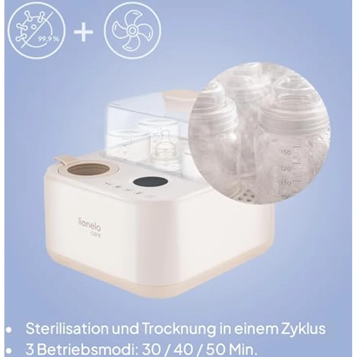 Lionelo SteamUp 3in1 Sterilisator für Babyflaschen, Dampfsterilisator mit Trockner & Flaschenwärmer, 99,99% Keimreduktion, Touchpanel, Abschaltautomatik, BPA-frei, für 4 Flaschen – Bild 5