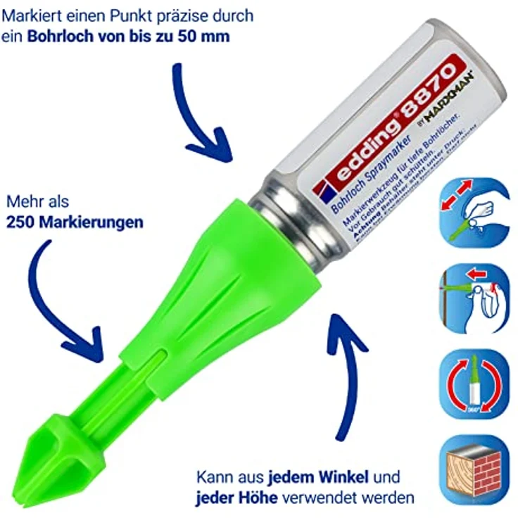 edding 8870 Bohrloch-Spraymarker by Marxman - 1 Marker - neongrün - Markierung von Bohrlöchern - von bis zu 50 mm tief - fluoreszierende Kreidefarbe – Bild 3