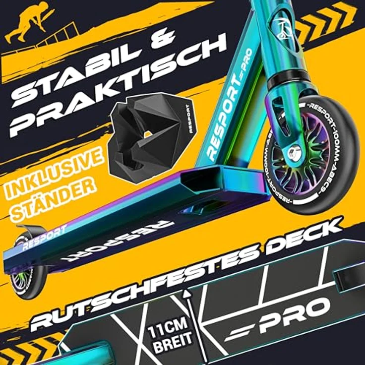 RE:SPORT Stunt Scooter REVO PRO, inkl. Ständer, 110mm PU Wheels, ABEC 9 Kugellager, Profi Trickroller für Kinder & Erwachsene, Y-Bar Design – Bild 3