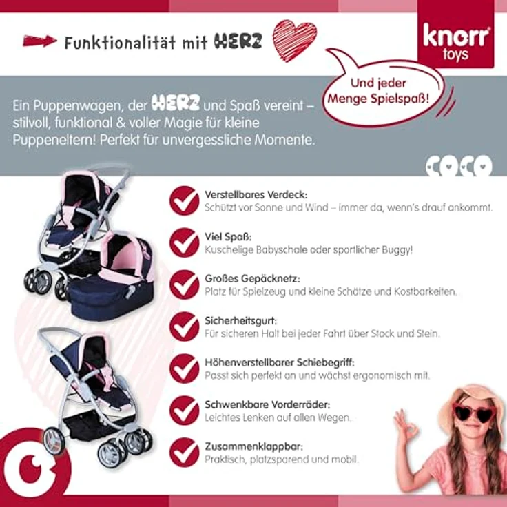 Knorrtoys® Kombi-Puppenwagen Coco, mit Baby-Wannenaufsatz und Sportsitz, höhenverstellbarer Schieber, princess blue – Bild 6