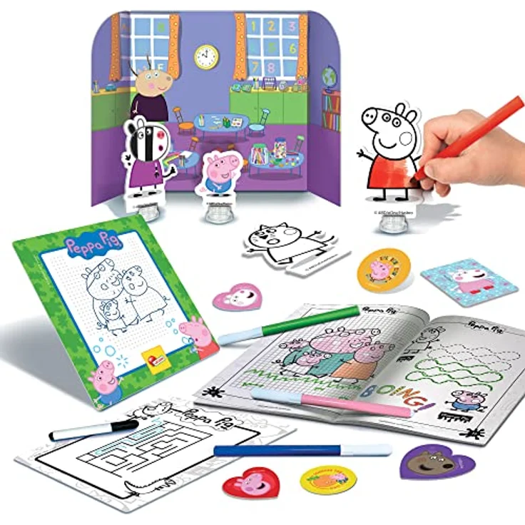 Lisciani Peppa Wutz Mal- und Zeichenschule, Kreativset mit Rucksack, 2 abwischbare Zeichentafeln, 4 doppelseitige Szenarien, 8 Figuren, bunte Stifte, Made in Italy – Bild 2