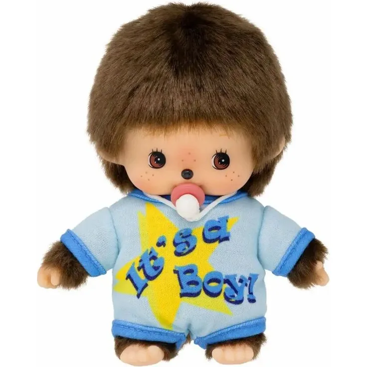 Sekiguchi Monchhichi Bebichhichi Puppe, 16cm, Junge im blauen Strampler mit Nuckel