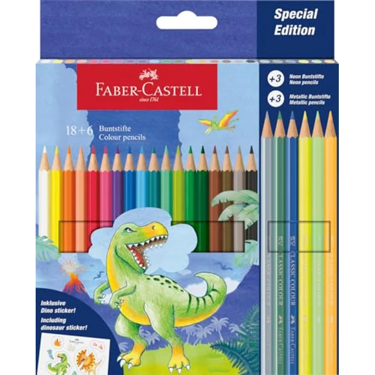 Faber-Castell 111222 - Kartonetui mit 24 Buntstiften - 18 klassische Farben, 3 Neon- und 3 Metallic-Farben, Dinosaurier-Edition – Bild 1