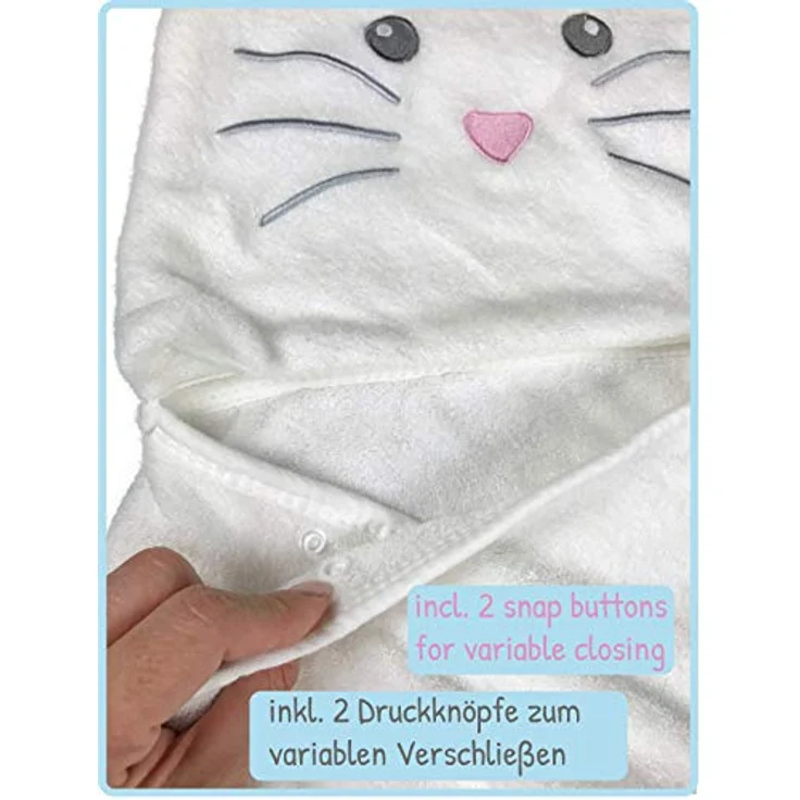 HECKBO Baby Handtuch Kapuze Maus inkl. Waschlappen, ab 0 Jahren, Neuheit: 2 Druckknöpfe, Baby Geschenk Mädchen Jungen, weiches saugfähiges Material 90x100cm Kinder Badetuch Bademantel Kapuzenhandtuch – Bild 4
