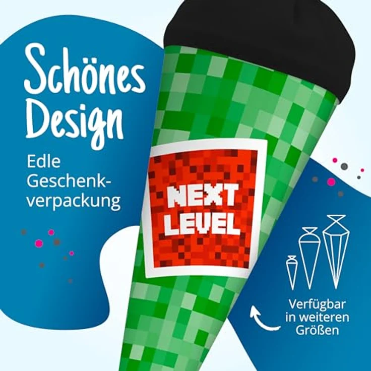 itenga Geschwisterschultüte 35 cm Motiv Pixel, runde Geschenkverpackung mit Filzverschluss für Schulen und Ausbildungen, für Gamer und Schüler – Bild 5