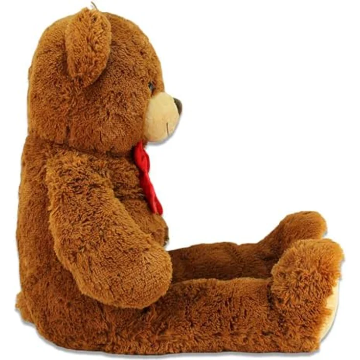 PMS Teddy XXL – Riesen Teddybär Mit Roter Schleife, Ca. 100 cm Stehend / 60 cm Sitzend, Mit Kunststoffaugen, Farbe Braun, Mit Schlaufe zum Anhängen – Bild 3