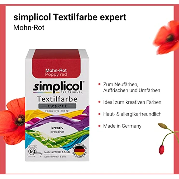 simplicol Textilfarbe expert Mohn-Rot 1703 - Zum Umfärben und Auffrischen von Kleidung, Waschmaschinenfest, für Baumwolle, Wolle, Seide, Leinen, Viskose & Mischgewebe – Bild 3