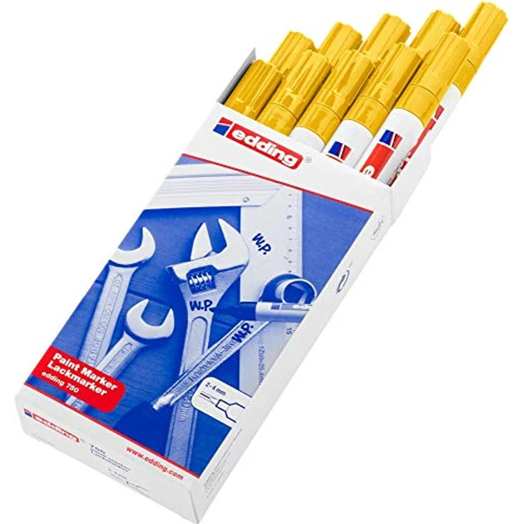 edding 750 Lackmarker - gelb - 10 Stifte - Rundspitze 2-4 mm - Lackstift zur Markierung und Beschriftung von Metall, Glas, Stein oder Kunststoff - hitzebeständig, permanent, wisch- und wasserfest – Bild 2