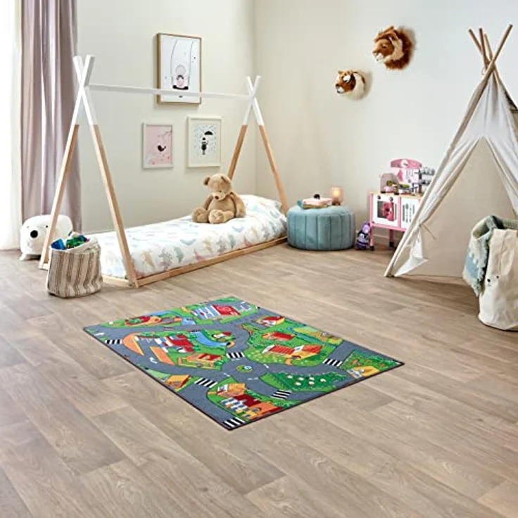 Carpet Studio Kinderteppich Little Village, 95x133cm, rutschfest, waschbar bei 30°C, Spielteppich für Jungen & Mädchen – Bild 2