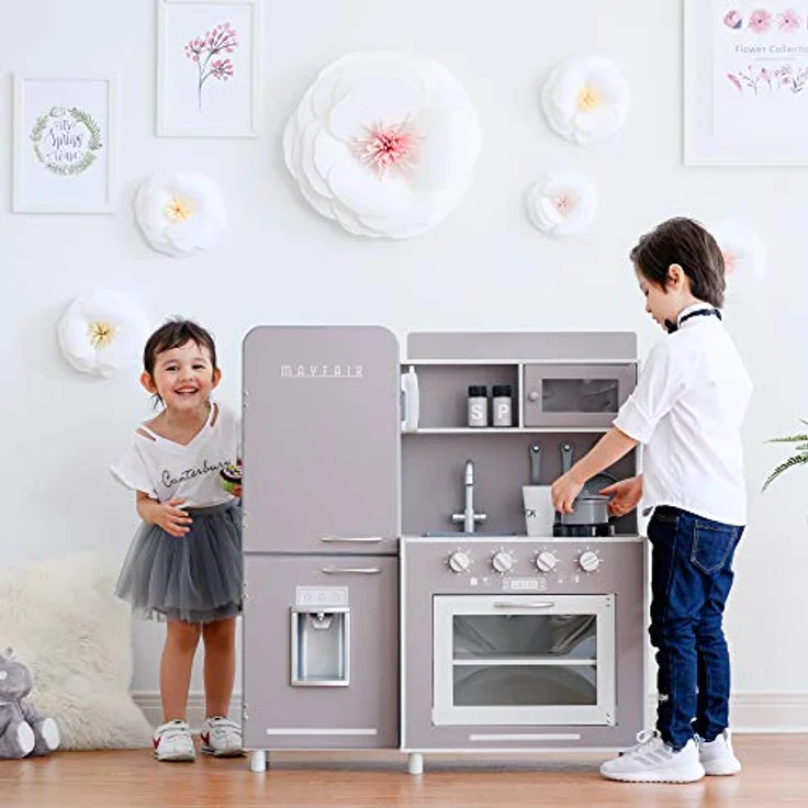 Teamson Kids Mayfair, Kinder Holzspielküche mit 11 Zubehörteilen, grau, interaktive Funktionen und kompakte Größe – Bild 2