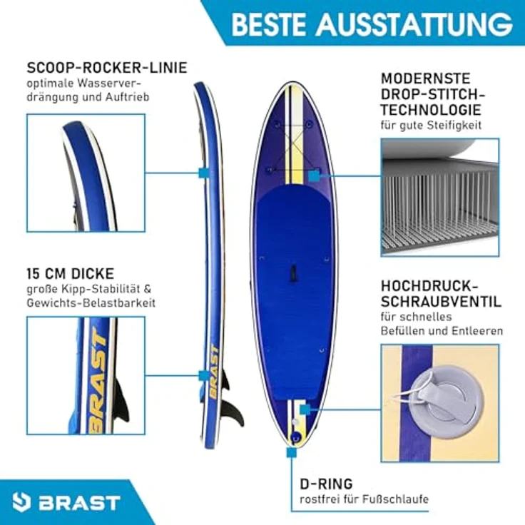 BRAST® SUP Board Shark, Aufblasbares Stand up Paddle Set, 320x81x15cm, 140kg Tragkraft, 8 Designs, 5 Jahre Garantie, inkl. Kajaksitz, 2in1 Paddel, Action-Cam-Halterung, Pumpe, Rucksack – Bild 4