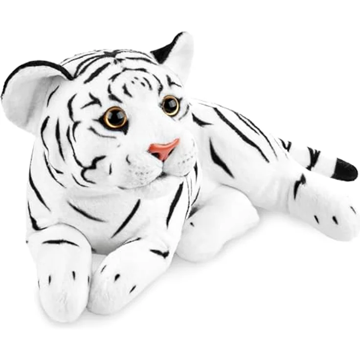 BRUBAKER Tiger Kuscheltier, 30 cm Stofftier aus weichem Plüsch, detailgetreue Raubkatze Liegend, weiß, handwaschbar – Bild 4