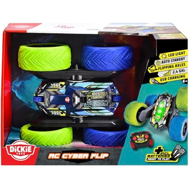 Dickie Cyber Flip RC Auto, ferngesteuertes Fahrzeug mit 360°-Stunts und LED-Licht, grün-blau – Bild 7