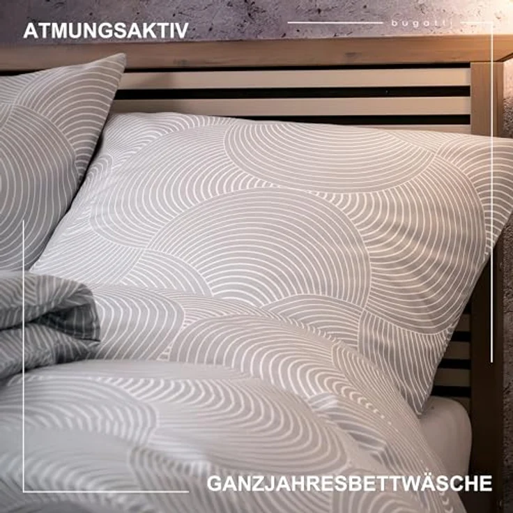 bugatti Bettwäsche 155x220 cm, 100% Baumwolle, Reißverschluss, Mako Satinbettwäsche Kreise grafisch grau - Preisvergleich – Bild 3