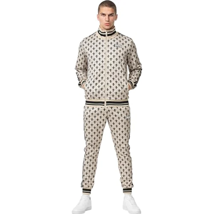 Lonsdale Athboy Trainingsanzug, Slim Fit aus hochwertigem Mischgewebe, sand/black, Größe S, mit Reißverschlusstaschen und Logo-Details – Bild 1