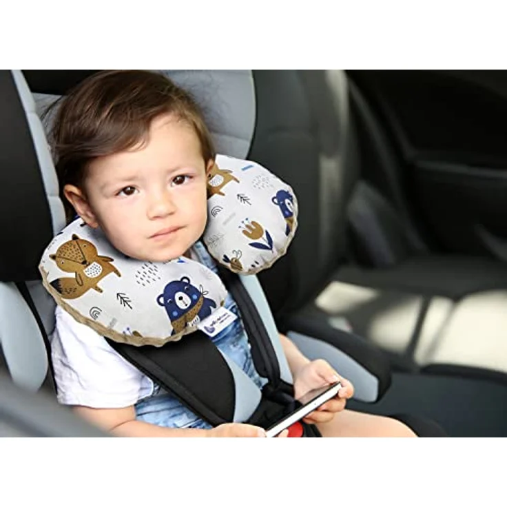 Medi Partners Nackenkissen Kinder Nackenhörnchen, 100% Baumwolle/Minky, Boho Animals mit beigem Minky, komfortable Nackenstütze für Auto und Flugzeug – Bild 5