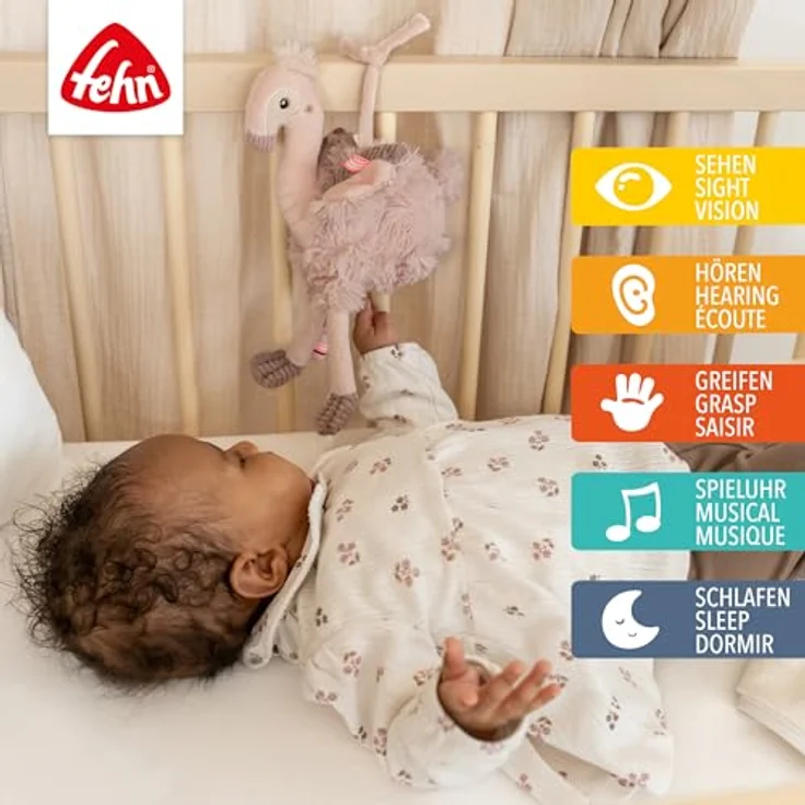 Fehn Mini-Spieluhr Flamingo, Kuscheltier & Einschlafhilfe mit sanfter Melodie, ca. 24 cm, maschinenwaschbar bei 30°C, für Babys ab 0+ Monaten – Bild 2