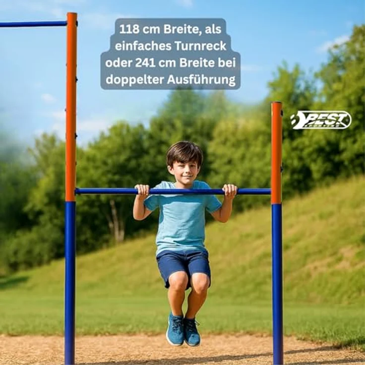 Best Sporting Turnreck Garten I Reckstange Garten Kinder und Erwachsene I Höhenverstellbare Kletterstange Outdoor in Blau-Orange I Turngeräte für Kinder für Spaß im Garten I Doppel - 241cm – Bild 6