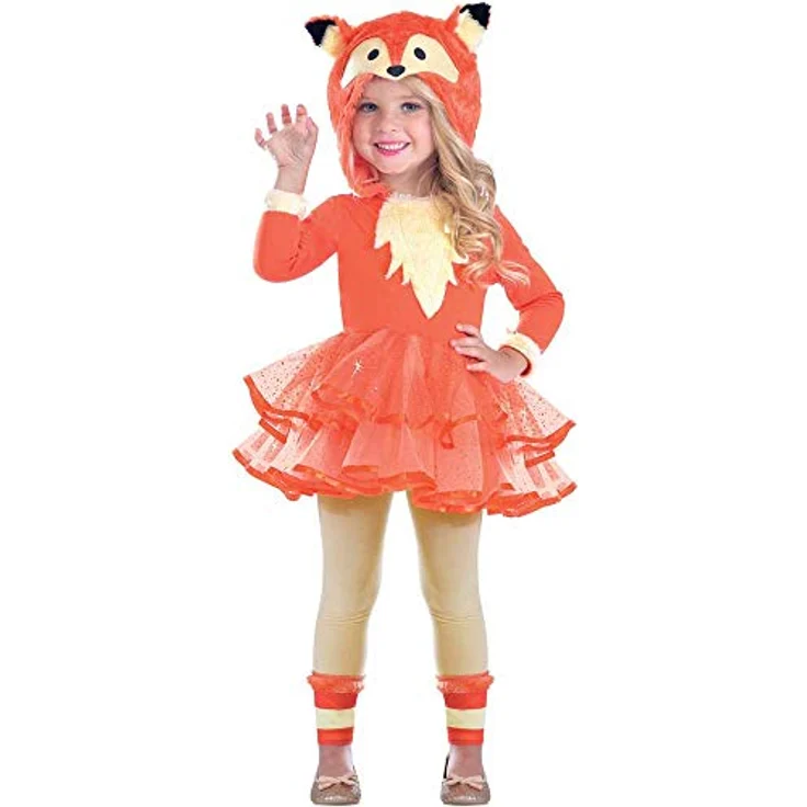 amscan 9903509 Kinderkostüm Fuchs für Mädchen 4-6 Jahre, Orange mit Kunstfell-Brust und Fuchskopf-Kapuze – Bild 1