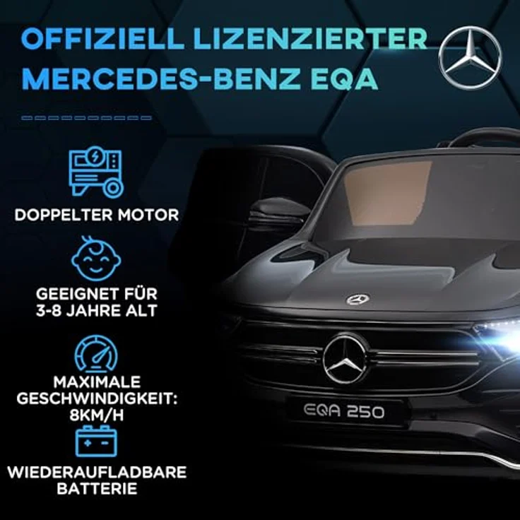 HOMCOM Kinder Elektroauto 12V Mercedes-Benz EQA Elektrofahrzeuge mit Fernbedienung, MP3-Player, Scheinwerfer, Tragebarer Batterie, Schwarz – Bild 3