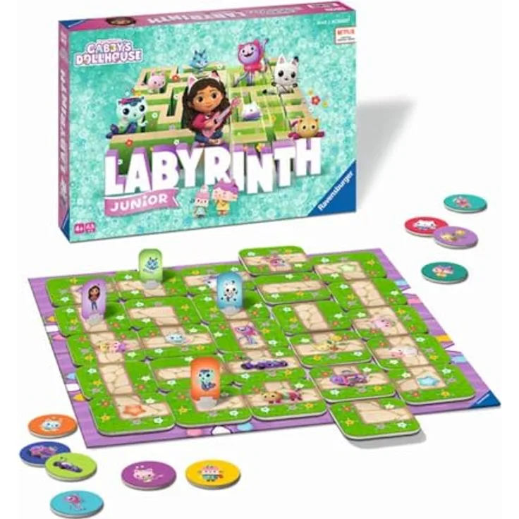 Ravensburger Labyrint Junior Gabis Katzenhaus, Familienbrettspiel für 2-4 Spieler mit 17 Pfadkarten und Charaktermarkern