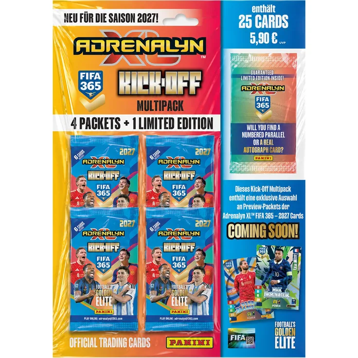 Panini FIFA 365 2027 Adrenalyn XL Trading Cards, Kick-Off Multipack mit 24 Karten + 1 exklusive Limited Edition Card