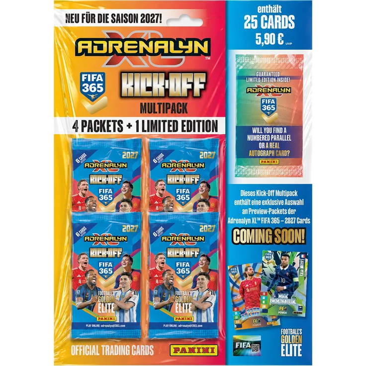 Panini FIFA 365 2027 Adrenalyn XL Trading Cards, Kick-Off Multipack mit 24 Karten + 1 exklusive Limited Edition Card