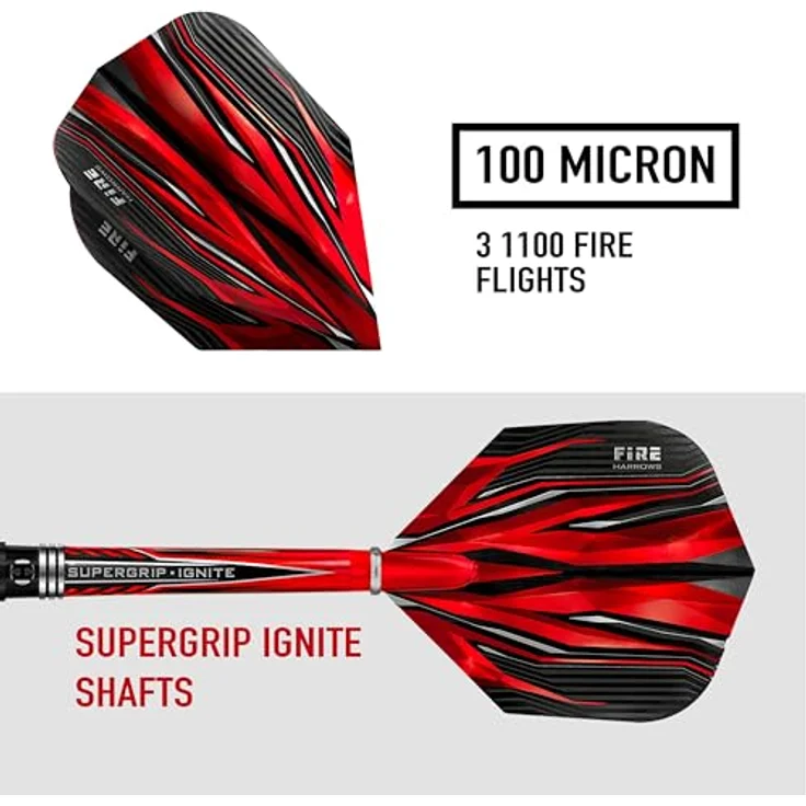 Harrows Fire Inferno 90% Tungsten Darts, Darts-Set mit Stahlspitze, verschiedene Gewichte 21g-26g, mit Supergrip Ignite Shafts und 100 Micron Fire Flights – Bild 4