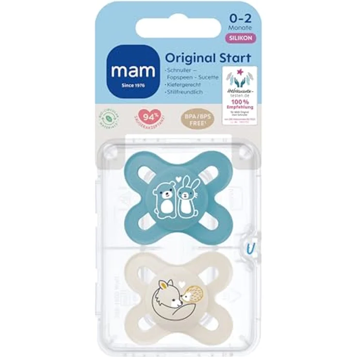 MAM Start Pure Schnuller im 2er-Set, Baby Schnuller speziell für Früh- und Neugeborene, aus nachhaltigem & bio-erneuerbarem Material, mit Schnullerbox, 0-2 Monate, Bär/Fuchs – Bild 2