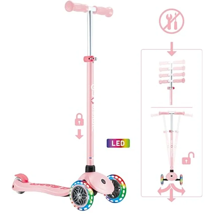 GLOBBER PRIMO PLUS LIGHTS, Tretroller für Kinder mit 3 Rollen, höhenverstellbar, LED-Leuchtrollen, pastellrosa, ABEC 9, max. Benutzergewicht 50 kg – Bild 2