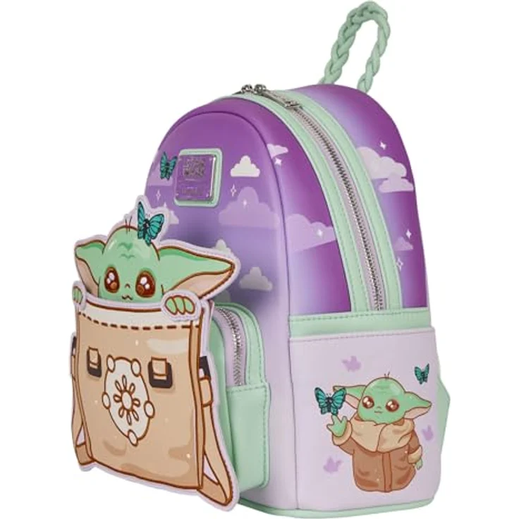 Loungefly Star Wars Grogu Mini Rucksack, Kunstleder, geflochtener Tragegriff, verstellbare Schultergurte, bewegliche Grogu Applikation, 22,8 x 26,6 x 11,4 cm – Bild 3