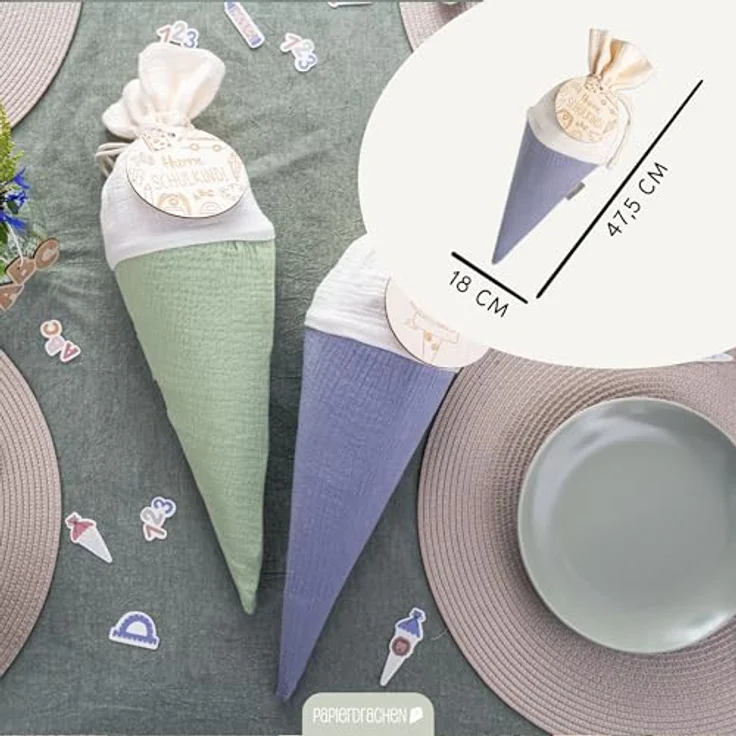 Papierdrachen 2er Set Musselin Schultüten Blau-Mint mit Holzanhängern und Namensschildern, Geschwistertüte – Bild 3