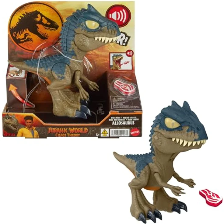 Mattel Jurassic World Mega Roar Allosaurus, Dinosaurier-Spielzeug mit Geräuschen, flexiblen Sehnen und Fütterzubehör, 20 cm – Bild 1