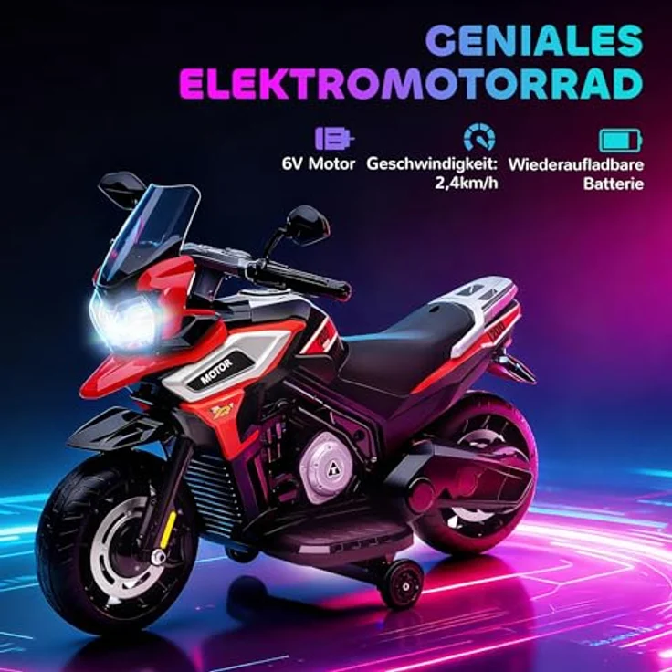 AIYAPLAY Elektro Motorrad Kinder 6V, Elektromotorrad mit 2 Hilfsrädern, Beleuchtung, Musik und Soft-Start, bis zu 2,4 km/h, Rot, für Kinder von 1,5-3 Jahren – Bild 3