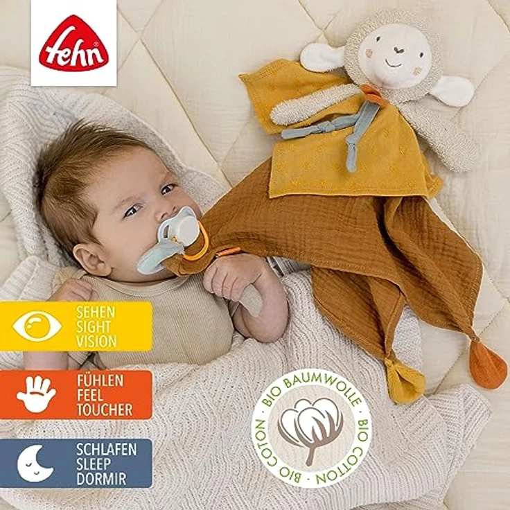 Fehn Schmusetuch Schaf fehnNATUR - Spielkamerad & Stofftier-Schnuffeltuch mit Baumwolle aus kontrolliert biologischem Anbau (kbA) mit Schnuller-Befestigung - für Babys & Kleinkinder ab 0+ Monaten – Bild 2