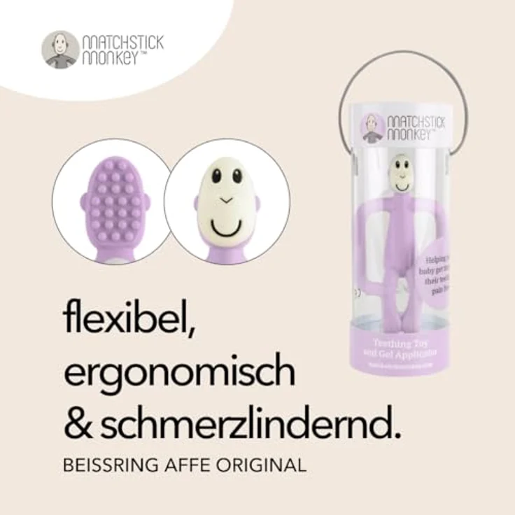 Matchstick Monkey Beißring Affe Original - Baby Zahnungshilfe - weiche Noppen massieren wundes Zahnfleisch - 100% Silikon - BPA-frei - Greifling für Zahnen - ab 3 Monaten (flieder) – Bild 2