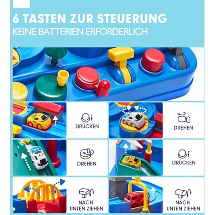 hahaland Autorennbahn Abenteuer Set, Spielzeugauto für Kinder ab 2 Jahre, 3 Mini-Fahrzeuge (Polizei, Krankenwagen, Feuerwehr), fördert Motorik und Problemlösungsfähigkeiten – Bild 4