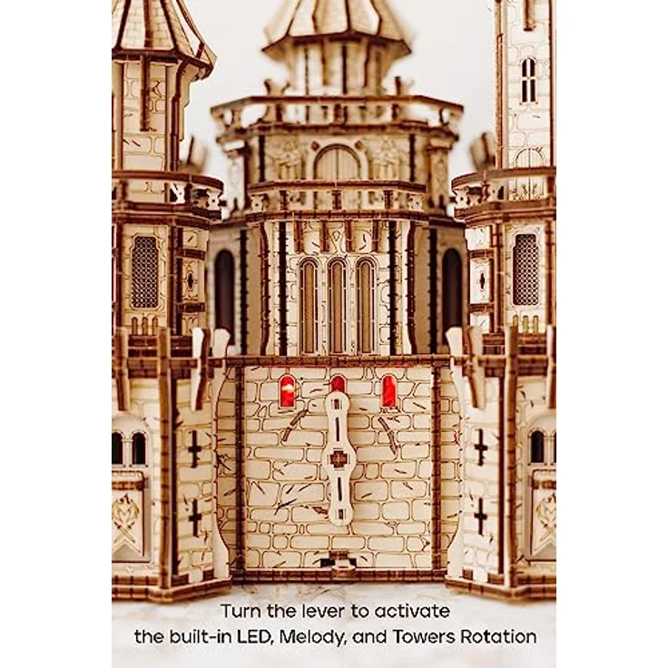 Wood Trick Dragon Castle Moveable Wooden 3D Puzzles for Adults and Kids to Build - Red LED - Greensleeves Melody - Towers Rotating - Engineering DIY Project Mechanical Model Kits for Adults Models – Bild 5