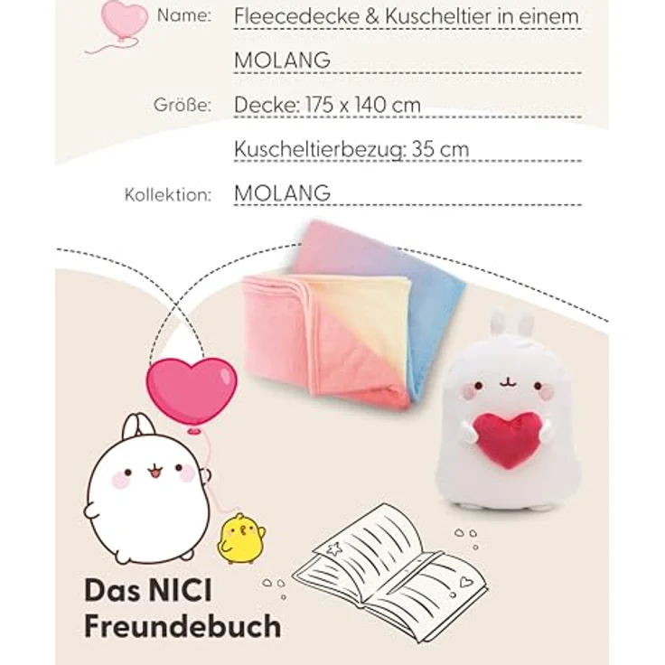 NICI Przytuanla MOLANG, 2-in-1 Kuscheltier mit Fleecedecke (175x140 cm), weiß/rot, 35 cm – Bild 5